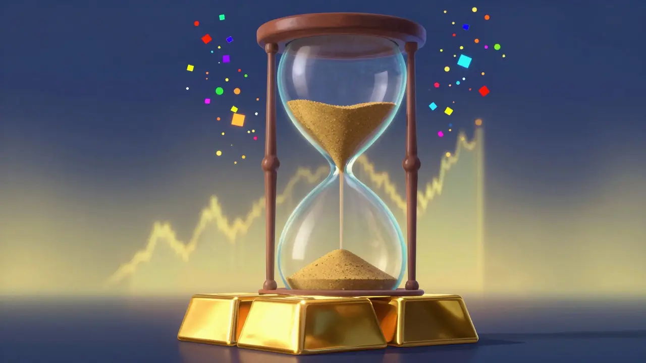 Hourglass with fluctuating graph lines above heavy gold bar