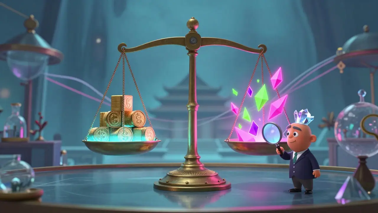 Illustration of balanced scales sorting stable coins versus volatile speculative crypto assets