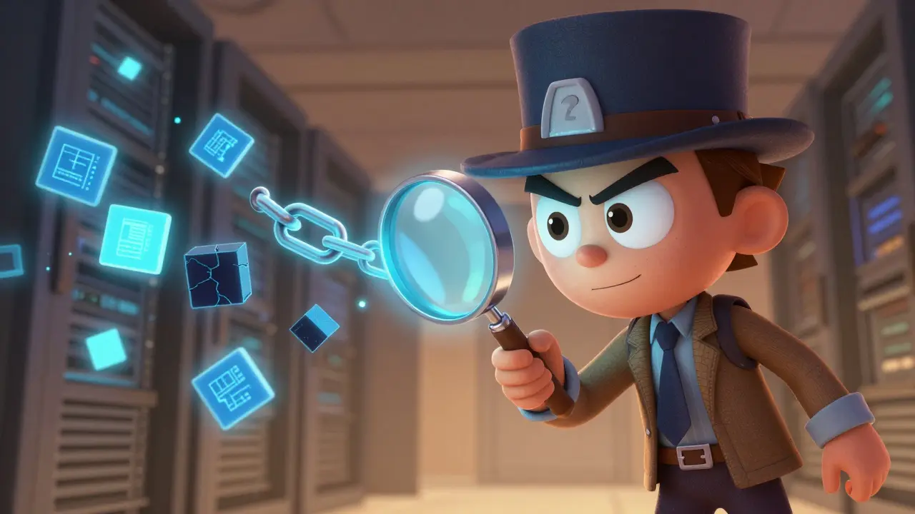 Investigator examining a glowing blockchain chain with a magnifying glass.