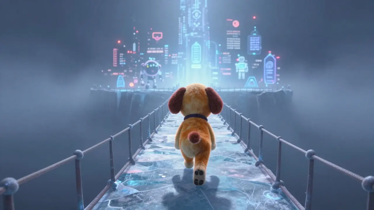 Mascot crosses a thin icy bridge toward a distant futuristic city skyline.