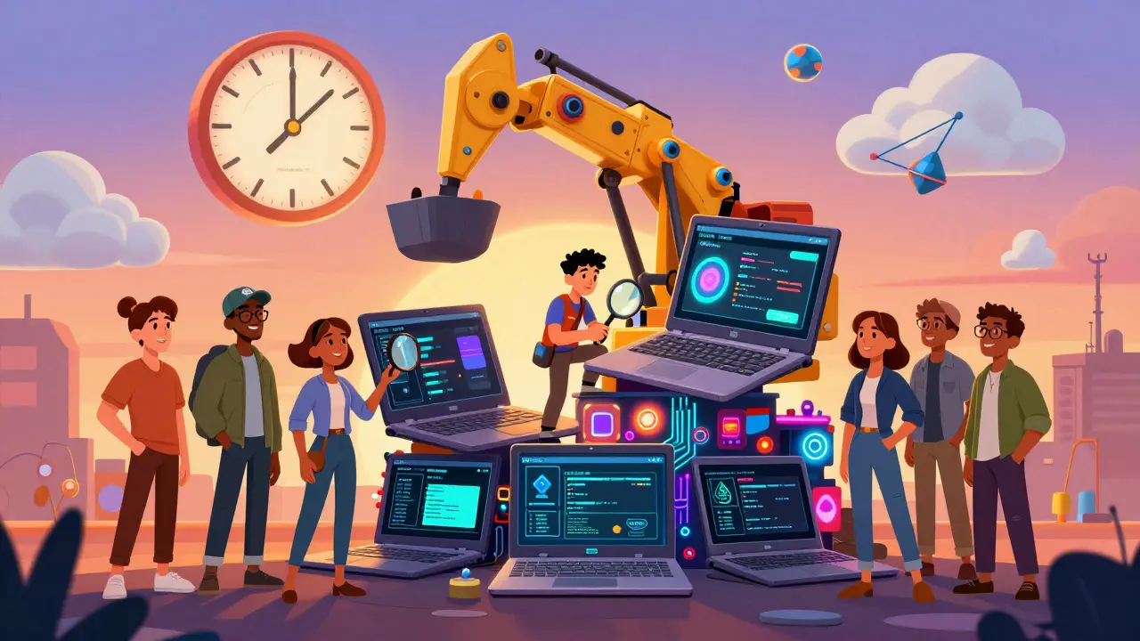 People around a colorful mining rig holding screenshots, giant clock in sky labeled 'Darth Vader Launch'.