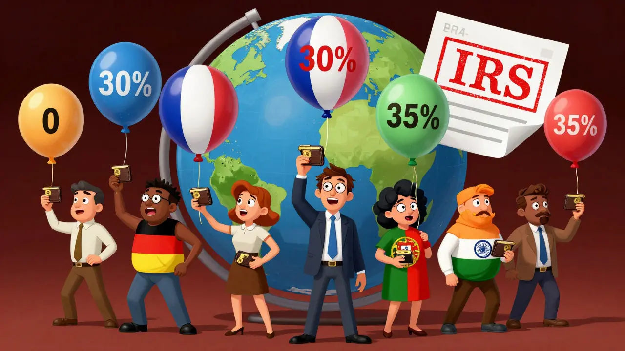 People from different countries holding same crypto wallets but facing wildly different tax bills, illustrated in DreamWorks style.