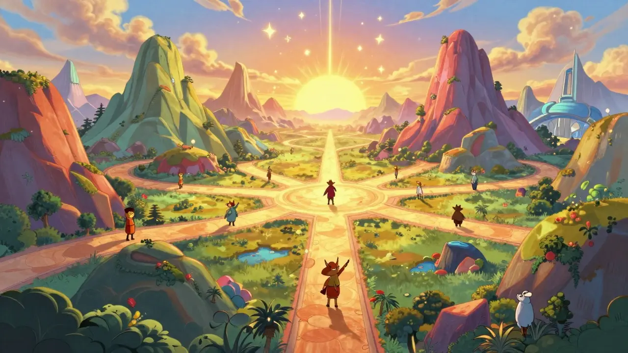 Radiant pathways diverge toward colorful mountain peaks.