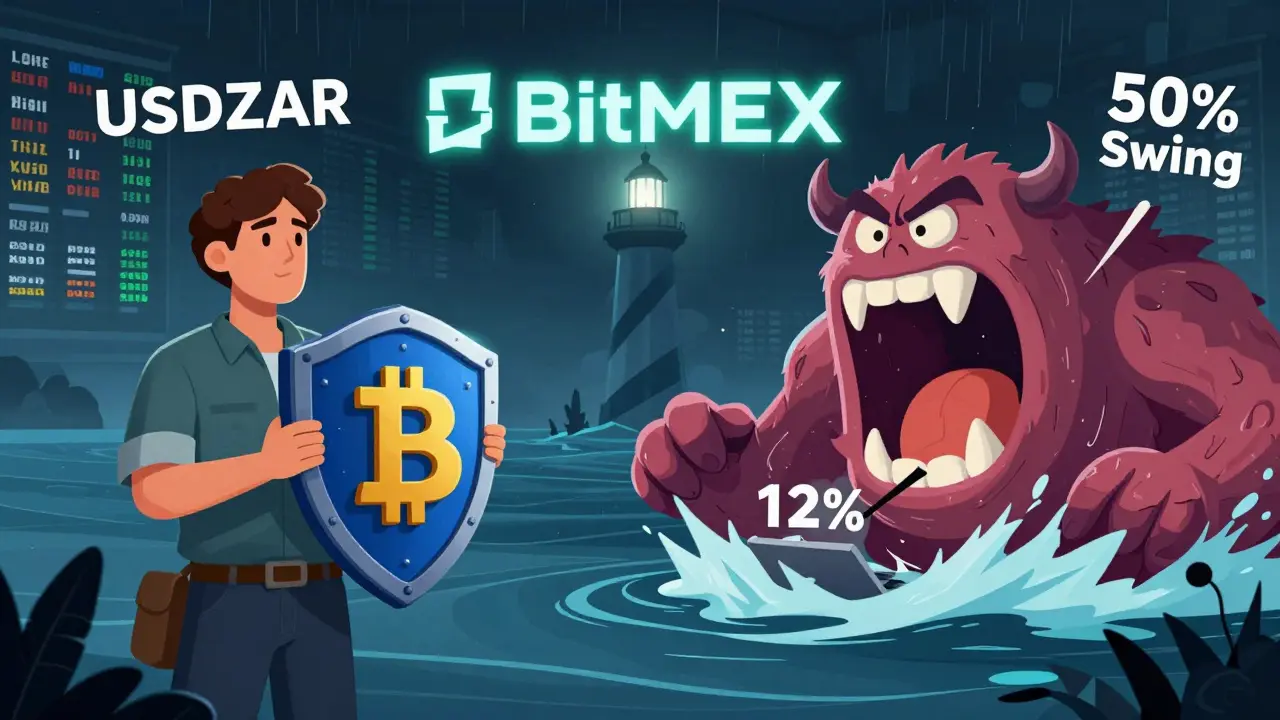 Split scene: one trader safely hedging with BTC, another being consumed by a liquidation monster in DreamWorks illustration.
