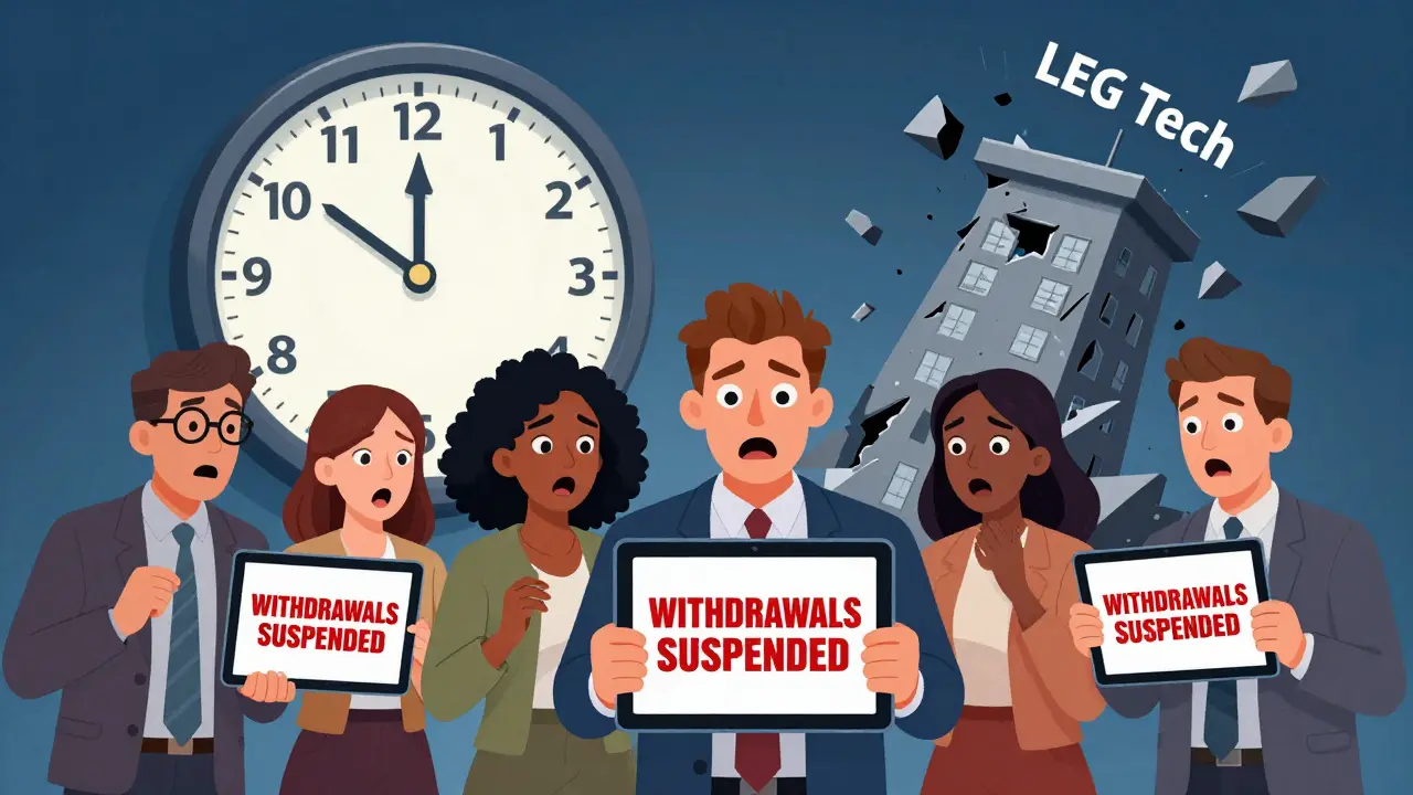 Traders shocked by a 'Withdrawals Suspended' message as a tech tower crumbles behind them.
