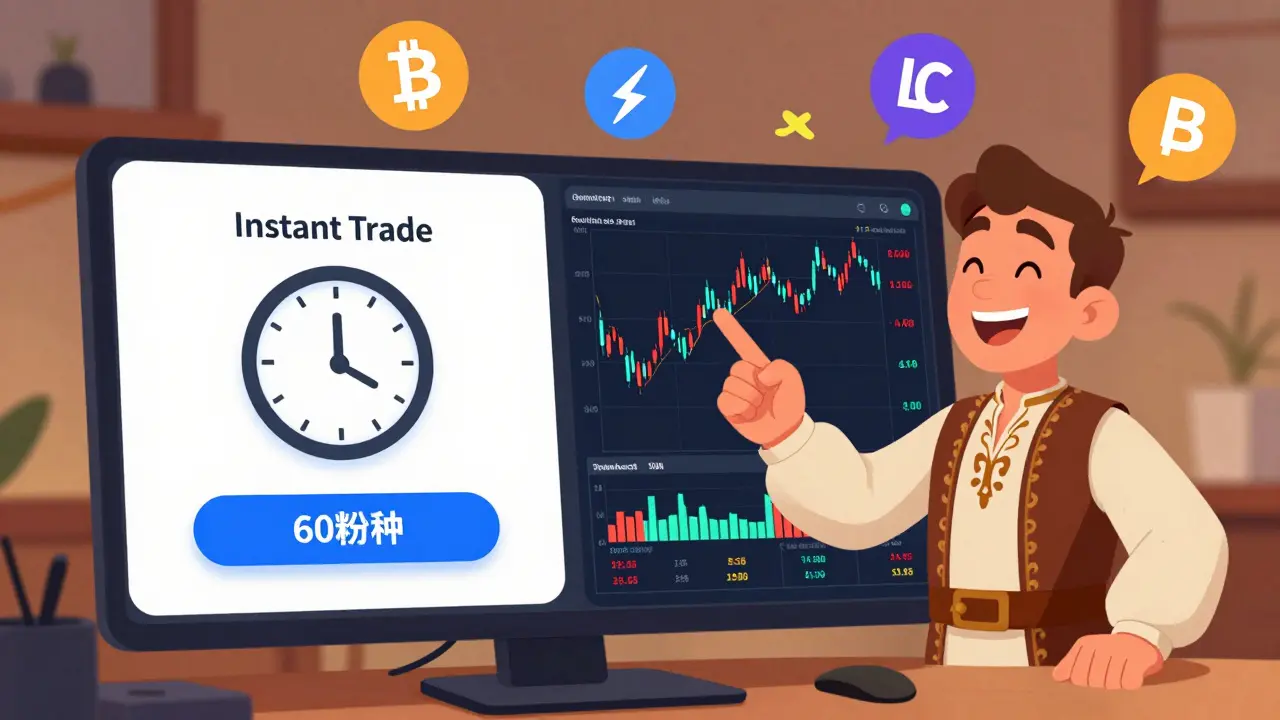 Two trading modes side by side on a desktop, a character switching between simple and advanced interfaces.