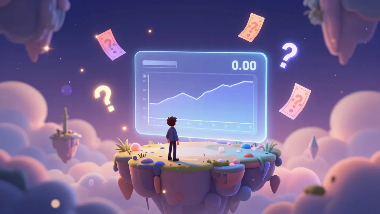 A character looking at a zero-value price chart surrounded by floating lottery tickets in space.