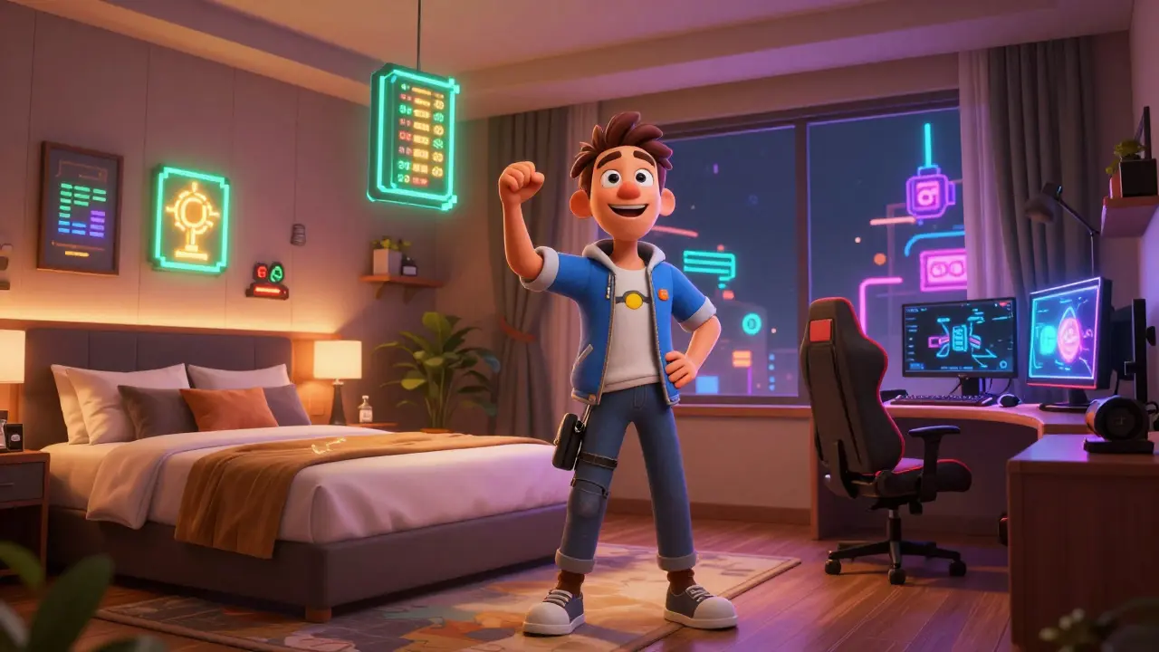 A character standing in a luxurious 3D digital hotel room filled with glowing NFT trophies.