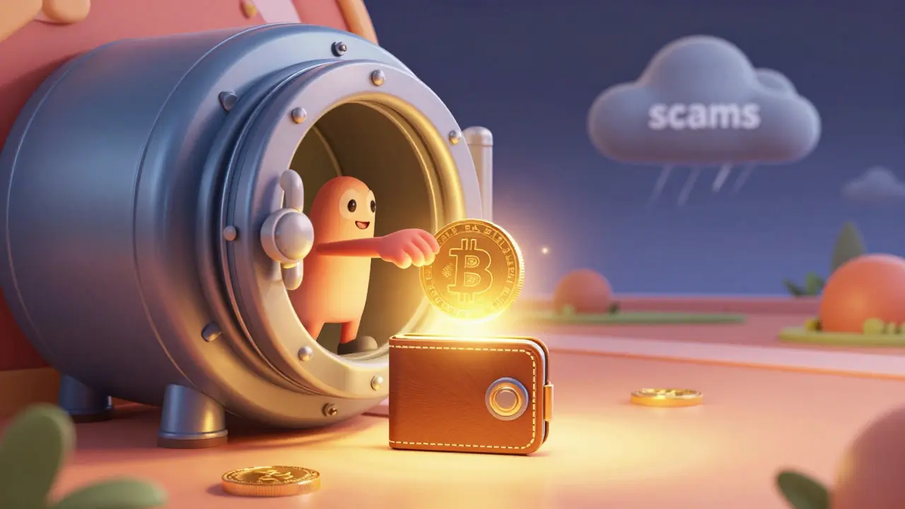 A character transferring a digital coin into a hardware wallet for security in 3D animation style.