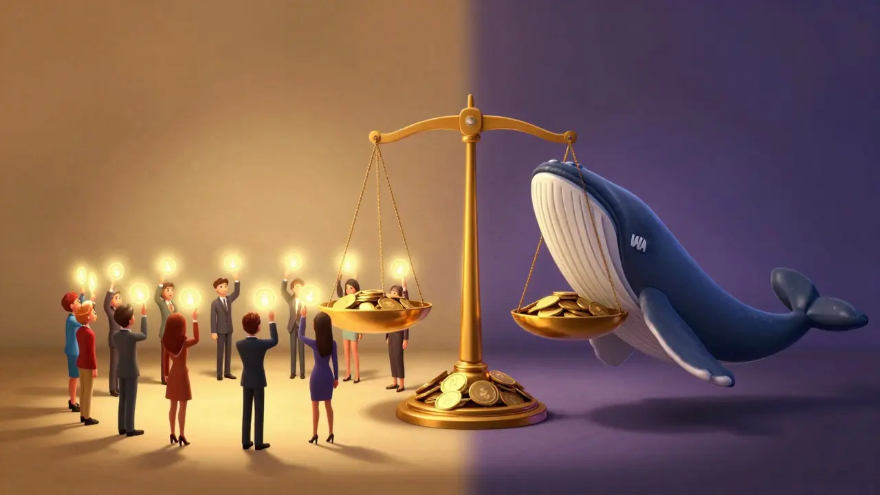 A comparison between a balanced community vote and a wealthy individual dominating a golden scale.