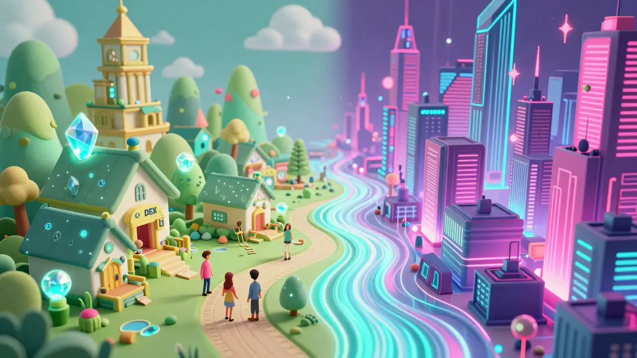 A contrast between a peaceful digital village and a high-energy neon cryptocurrency city.
