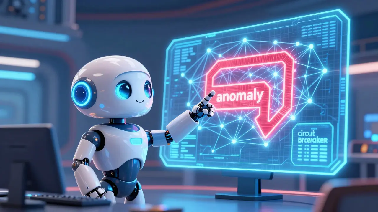 A cute AI robot in a futuristic command center stopping a red digital attack loop.