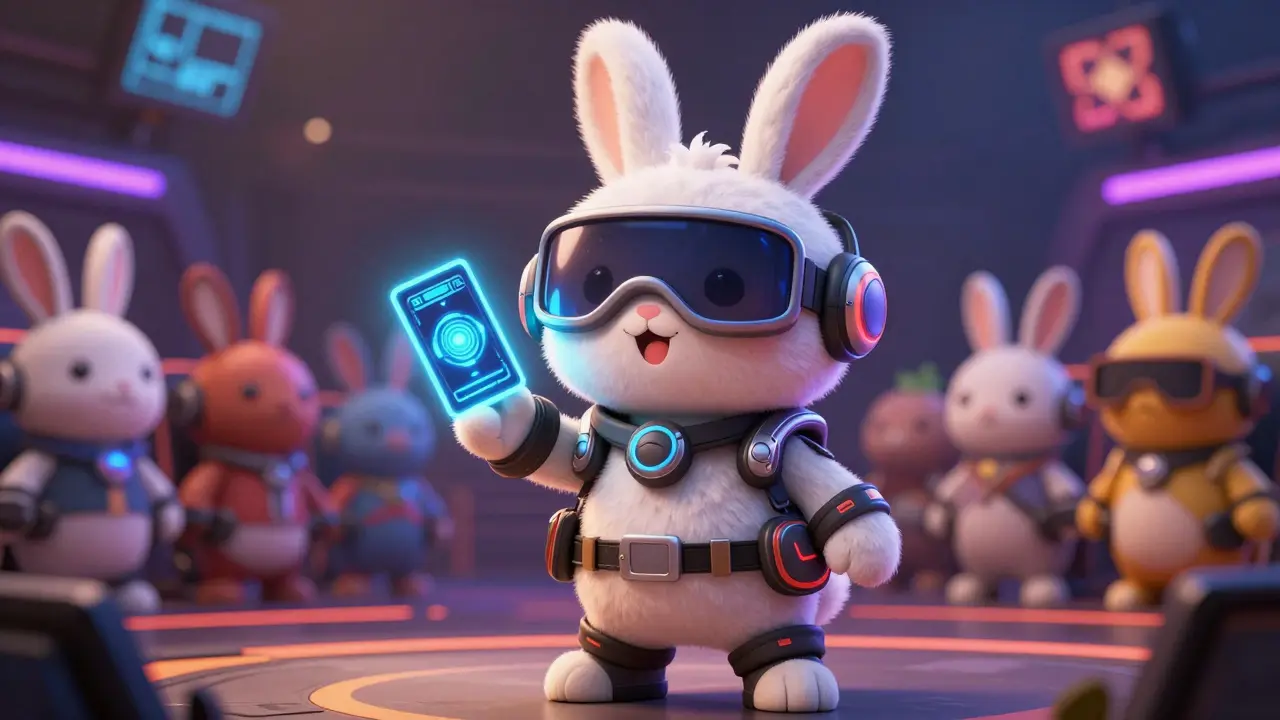 A detailed 3D cartoon rabbit in gaming gear holding a glowing digital card in an arena.