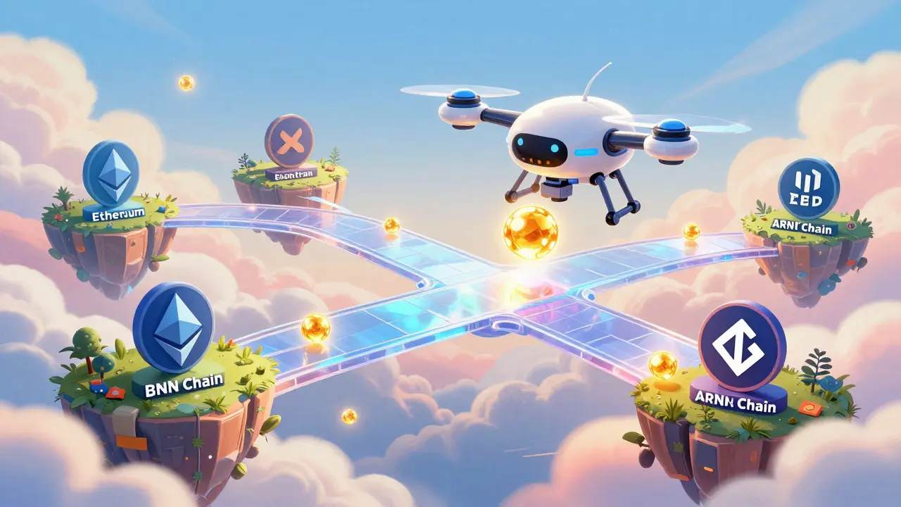 A futuristic AI drone moving golden liquidity between floating blockchain islands.