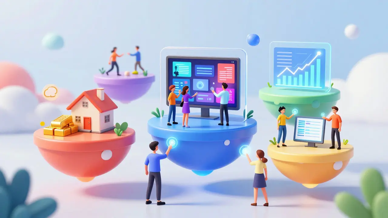 A futuristic digital interface with floating islands representing assets, NFTs, and trading.