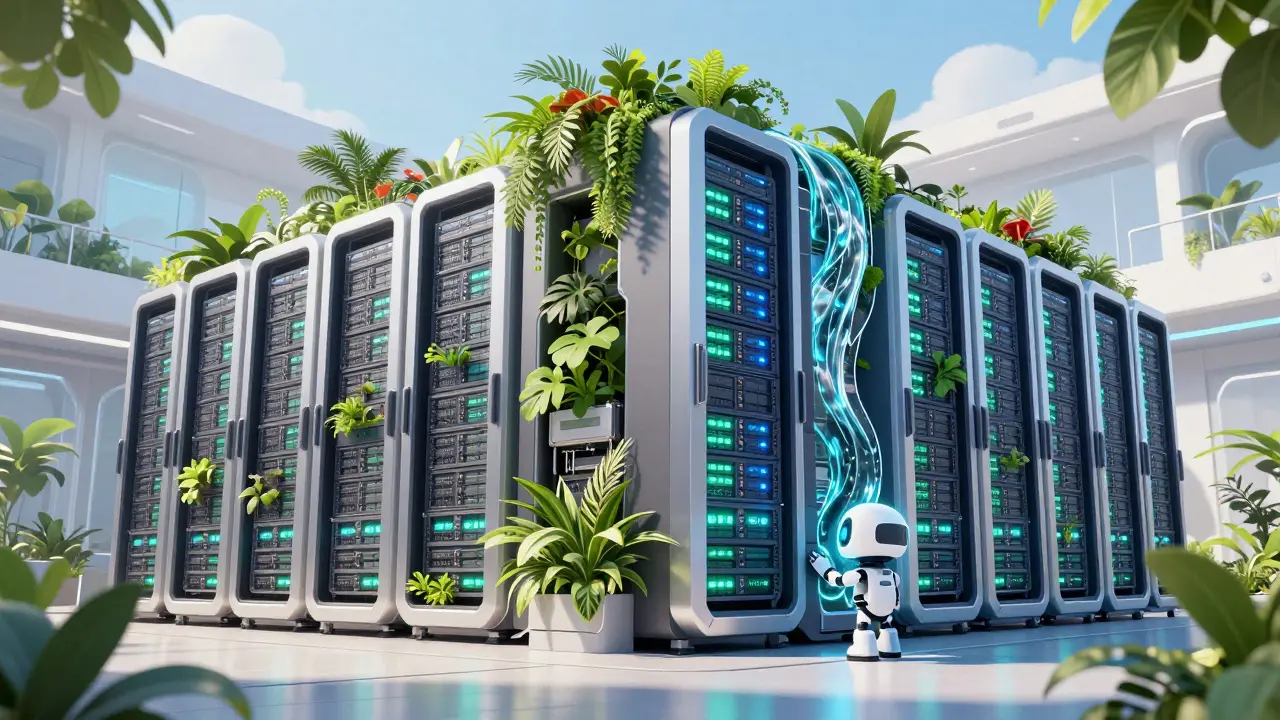 A futuristic eco-friendly data center with server racks and indoor greenery