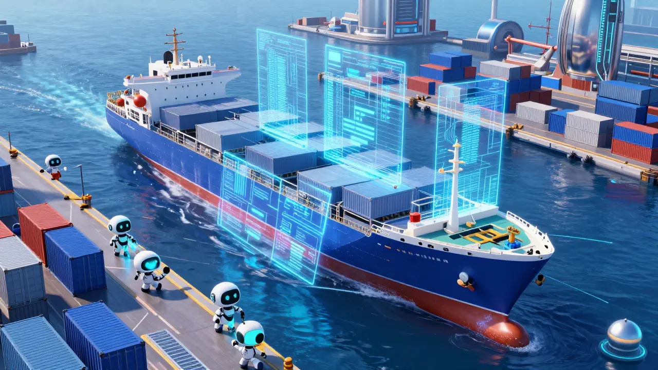 A futuristic maritime port with holographic blockchain data and robotic assistants.