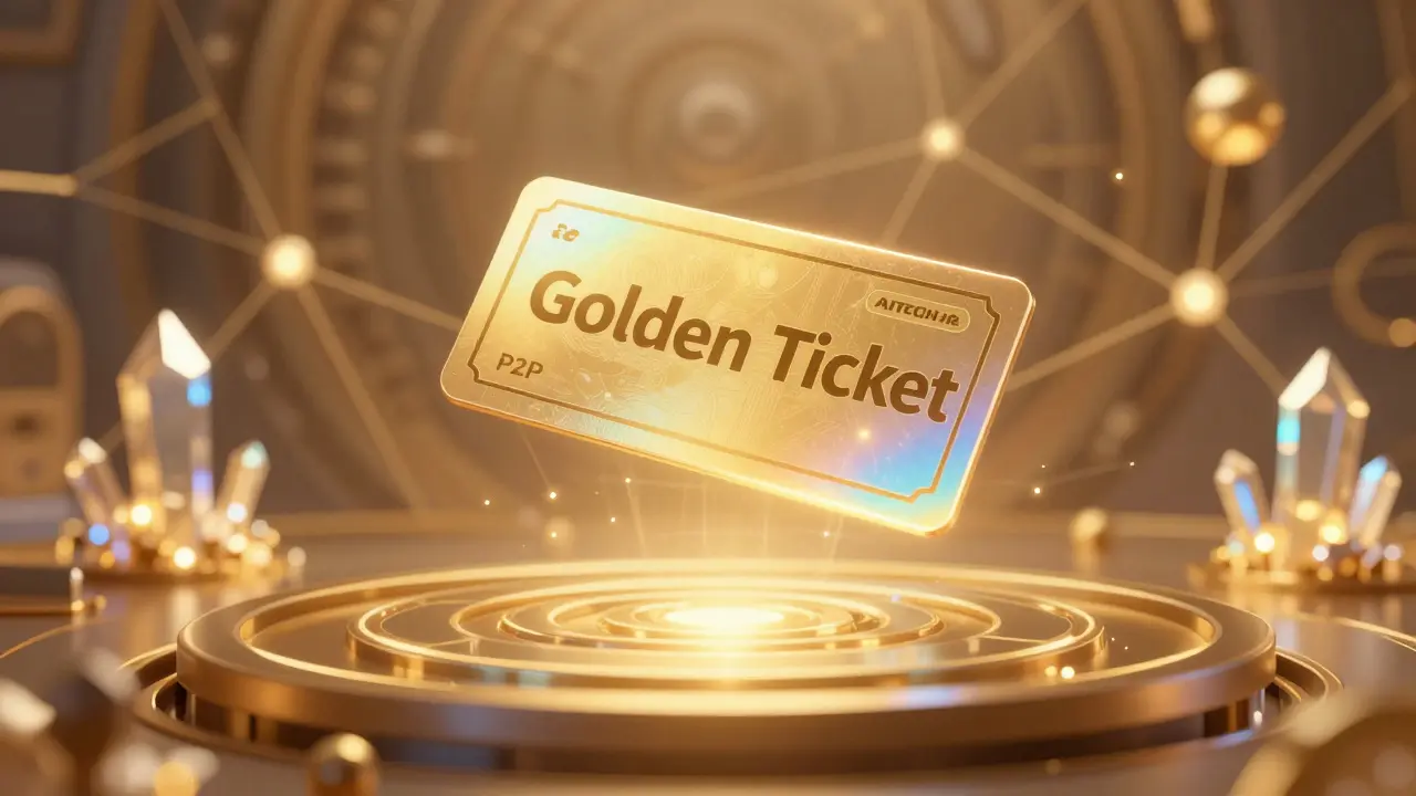 A glowing holographic golden ticket representing exclusive access to a tech launchpad