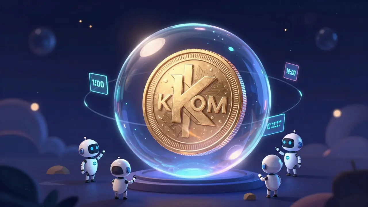 A glowing KROM crystal coin inside a protective sphere surrounded by robot sprites.
