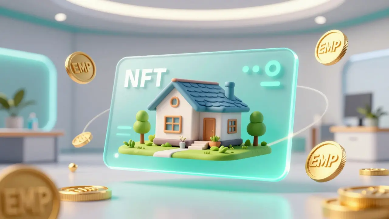 A glowing NFT card featuring a 3D eco-home model surrounded by gold tokens.