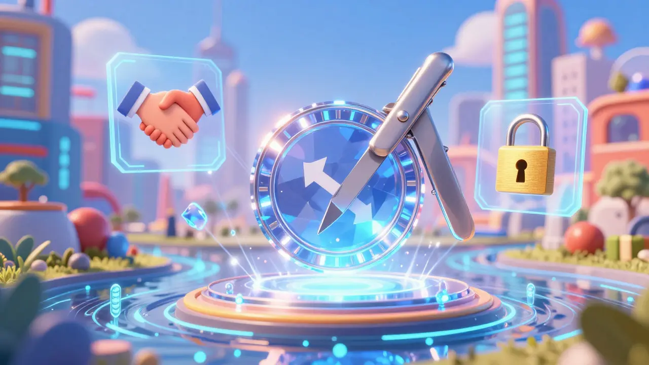 A glowing token surrounded by holographic icons for lending, trading, and staking in a digital city.