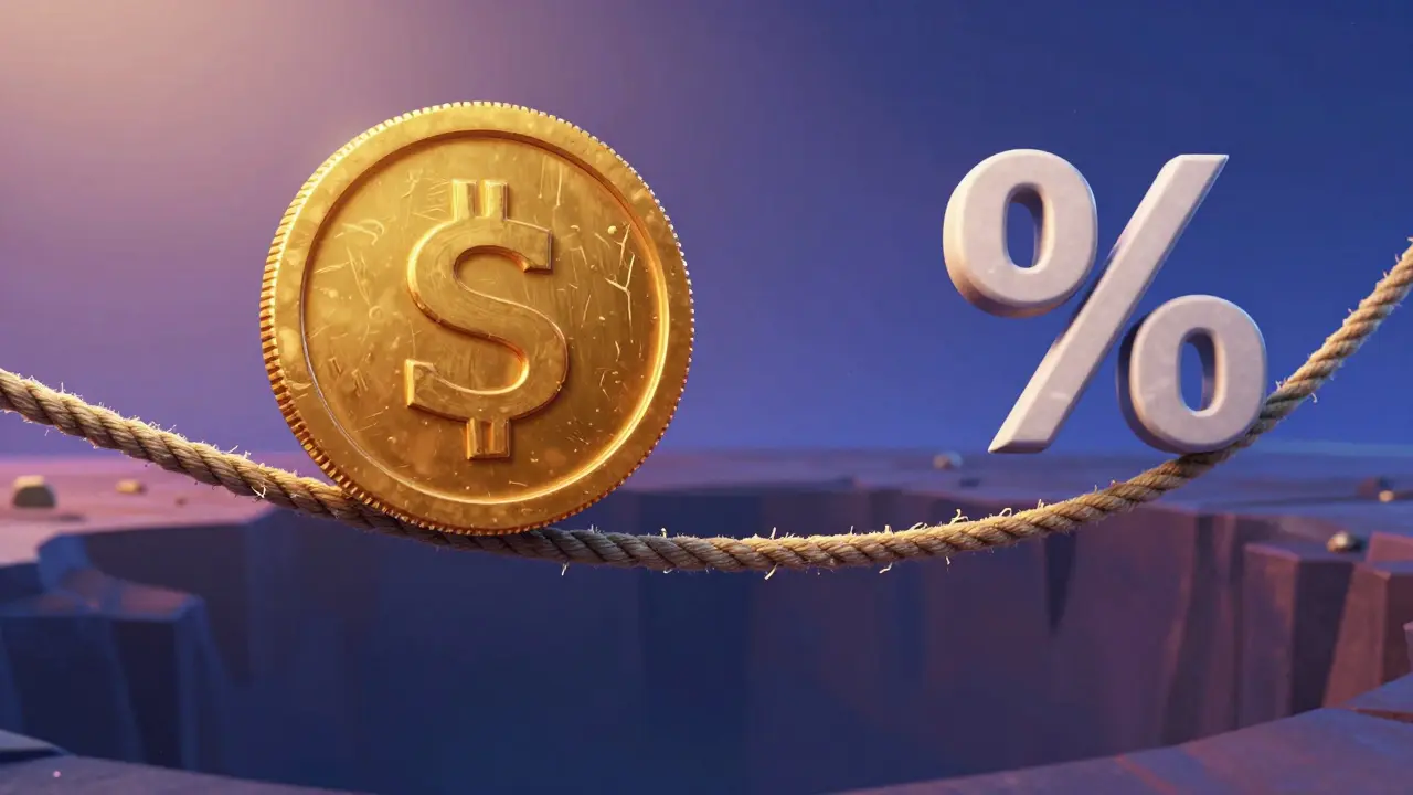 A golden coin balancing on a fraying rope over an abyss, symbolizing leverage risk.