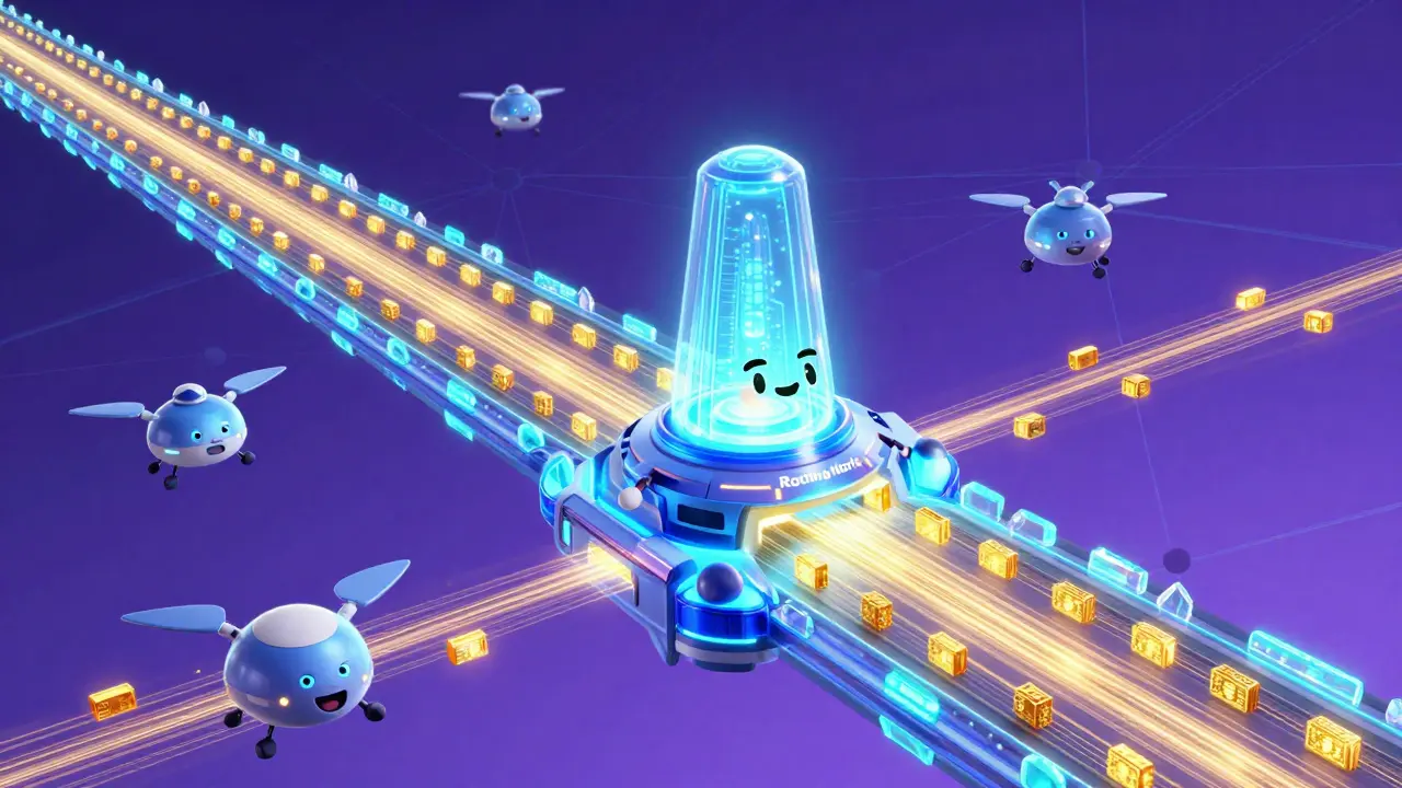 A heroic glowing node directing shimmering gold data packets across a digital light bridge.