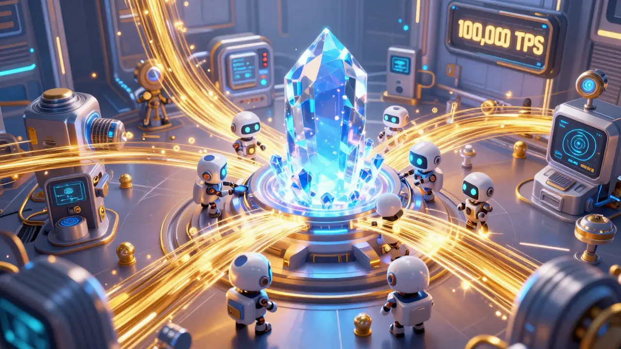 A high-tech 3D engine room with a pulsating crystal core and small robots.