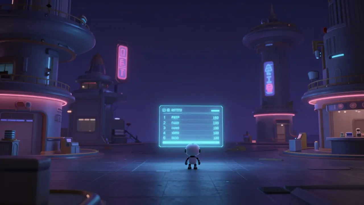 A lonely small robot in a quiet, futuristic digital marketplace with fading neon lights.