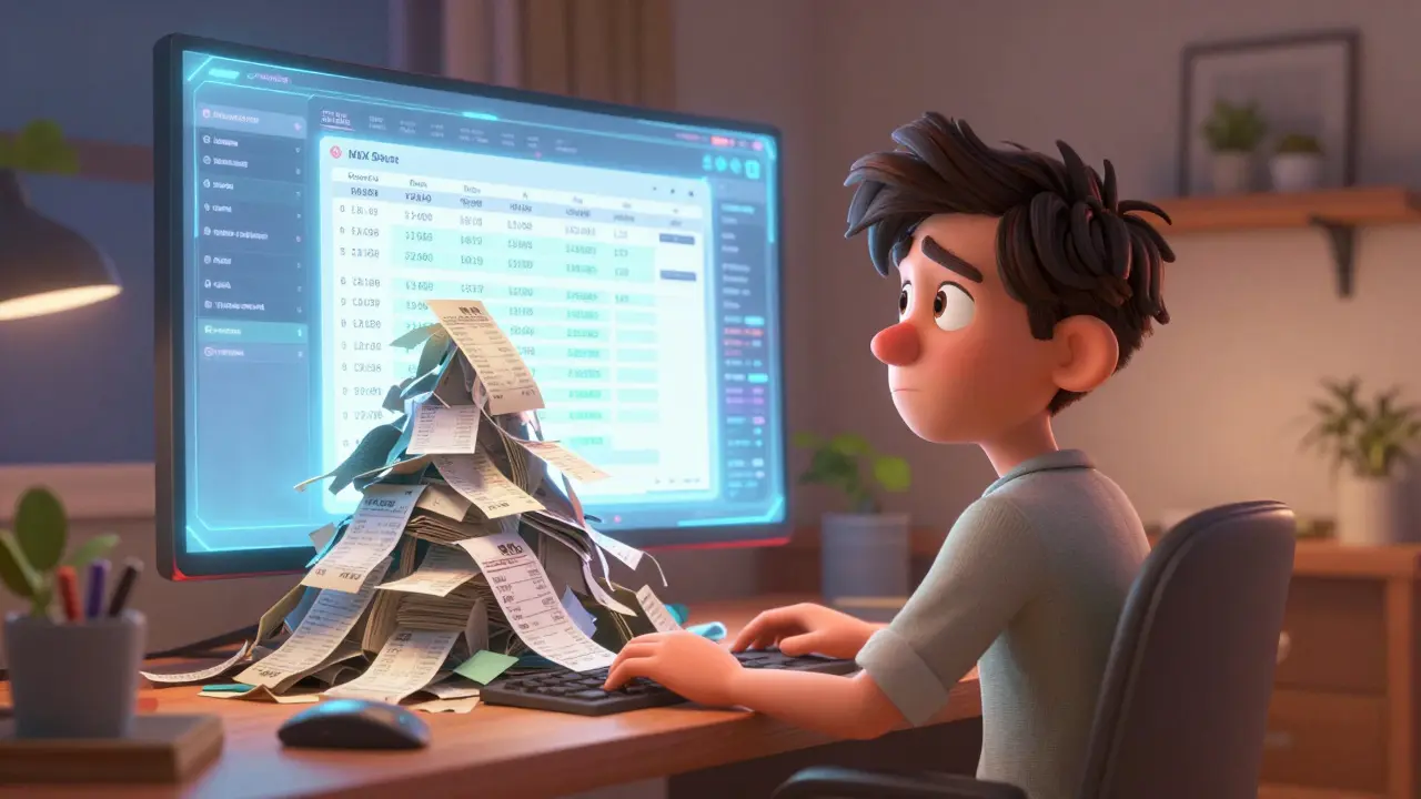 A person using specialized software to organize a chaotic pile of crypto tax records.