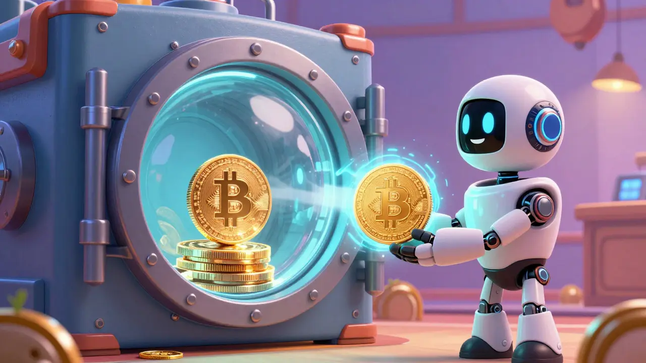 A robotic guardian locking a coin in a vault while a wrapped version emerges from a portal.