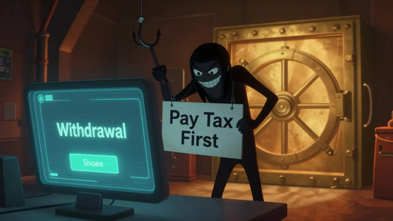 A shadowy figure attempting to scam a user with a fake withdrawal fee while a safe vault glows nearby.