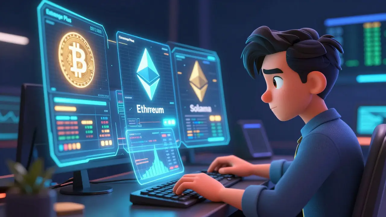 A trader using a high-tech holographic interface with crypto charts in a cinematic 3D style.
