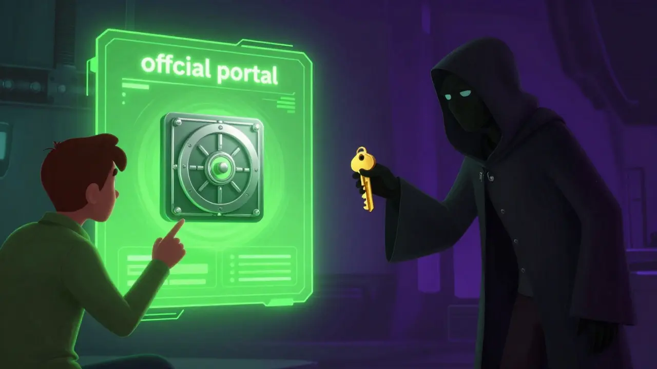 A user ignoring a shadowy scammer and choosing a secure hardware wallet.