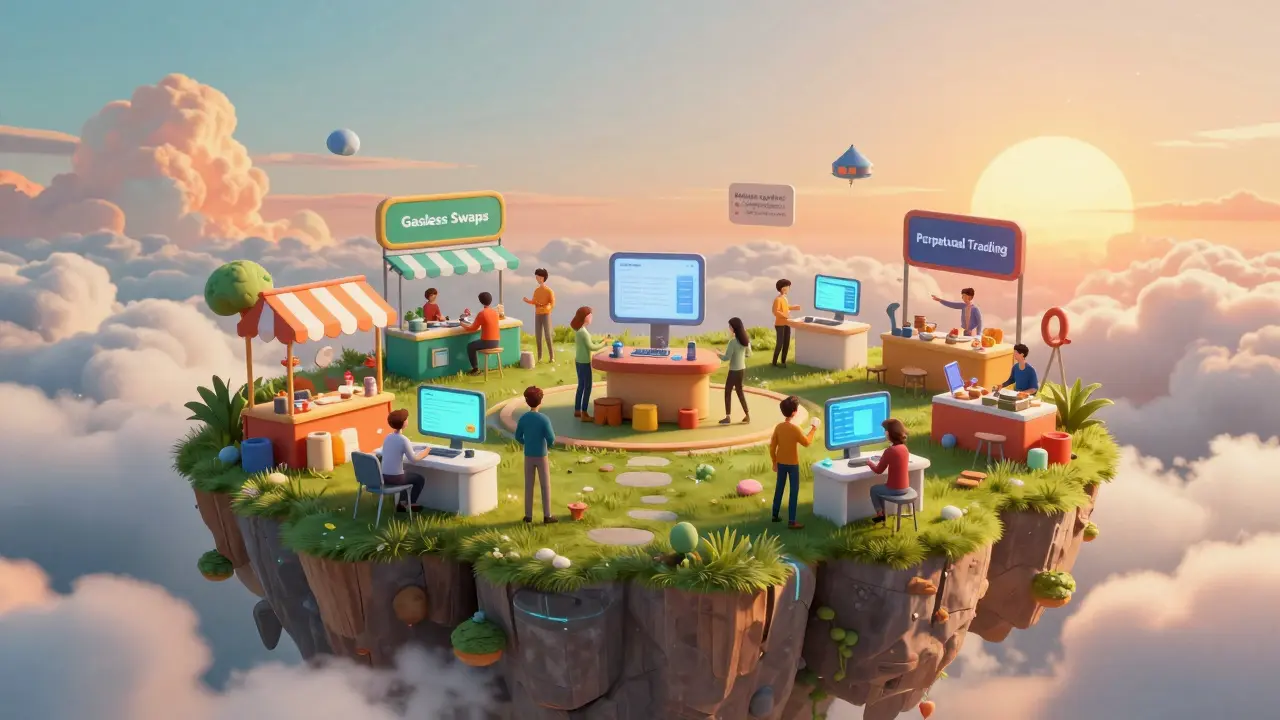 A whimsical floating island marketplace with various decentralized trading stations.