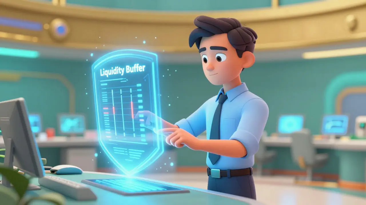 Calm trader using a holographic interface to set a protective liquidity buffer.