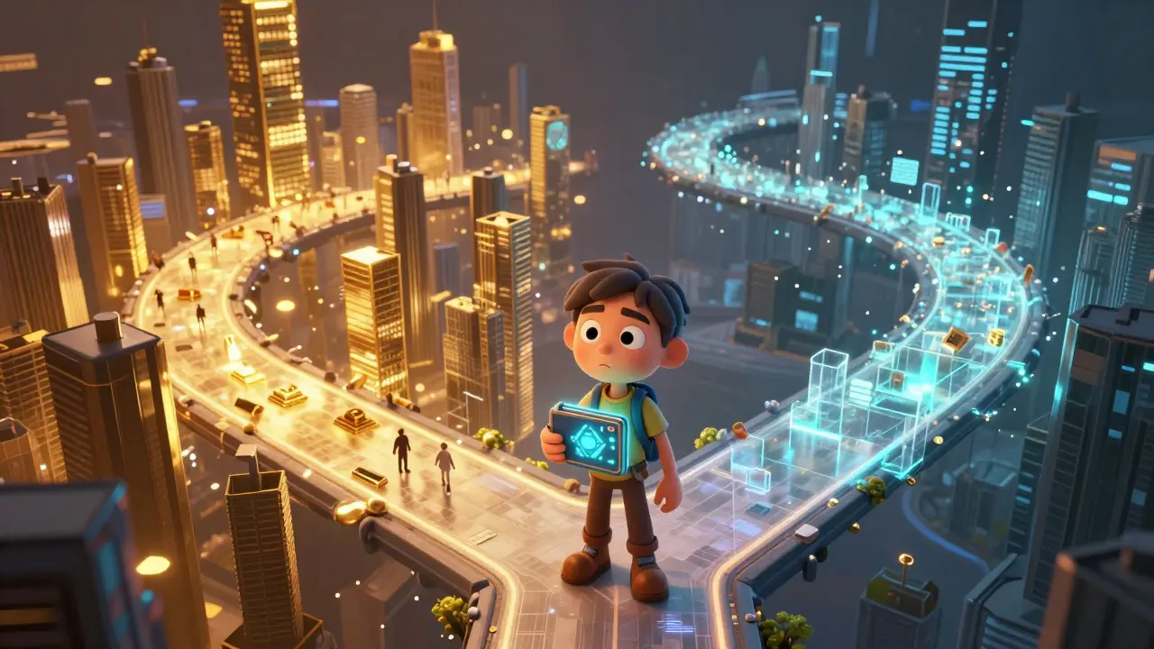 Character choosing between a golden city and a flickering glass bridge in a virtual world.