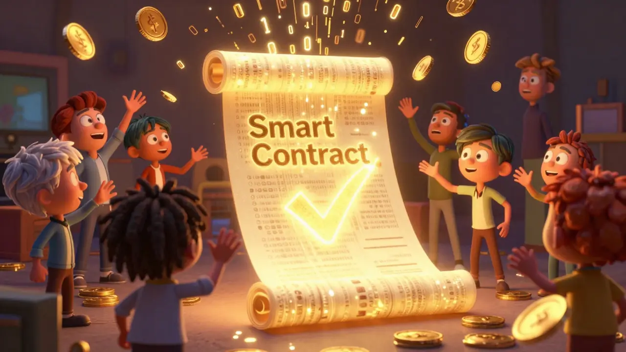 Characters interacting with a holographic smart contract scroll that triggers a digital reward.
