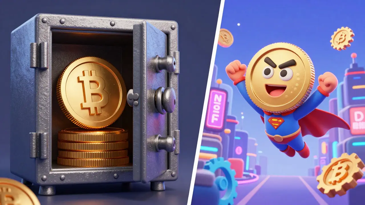 Comparison of a coin safe in a vault versus a coin as a superhero in a DeFi city.
