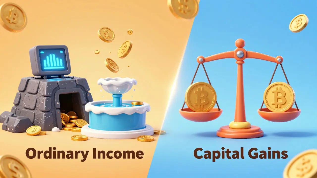 Conceptual 3D illustration comparing staking rewards and capital gains in cryptocurrency.