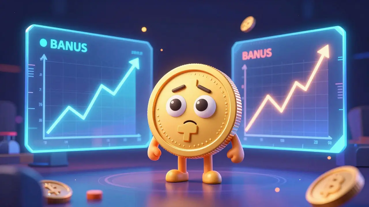 Confused coin character standing between two holographic screens with different prices