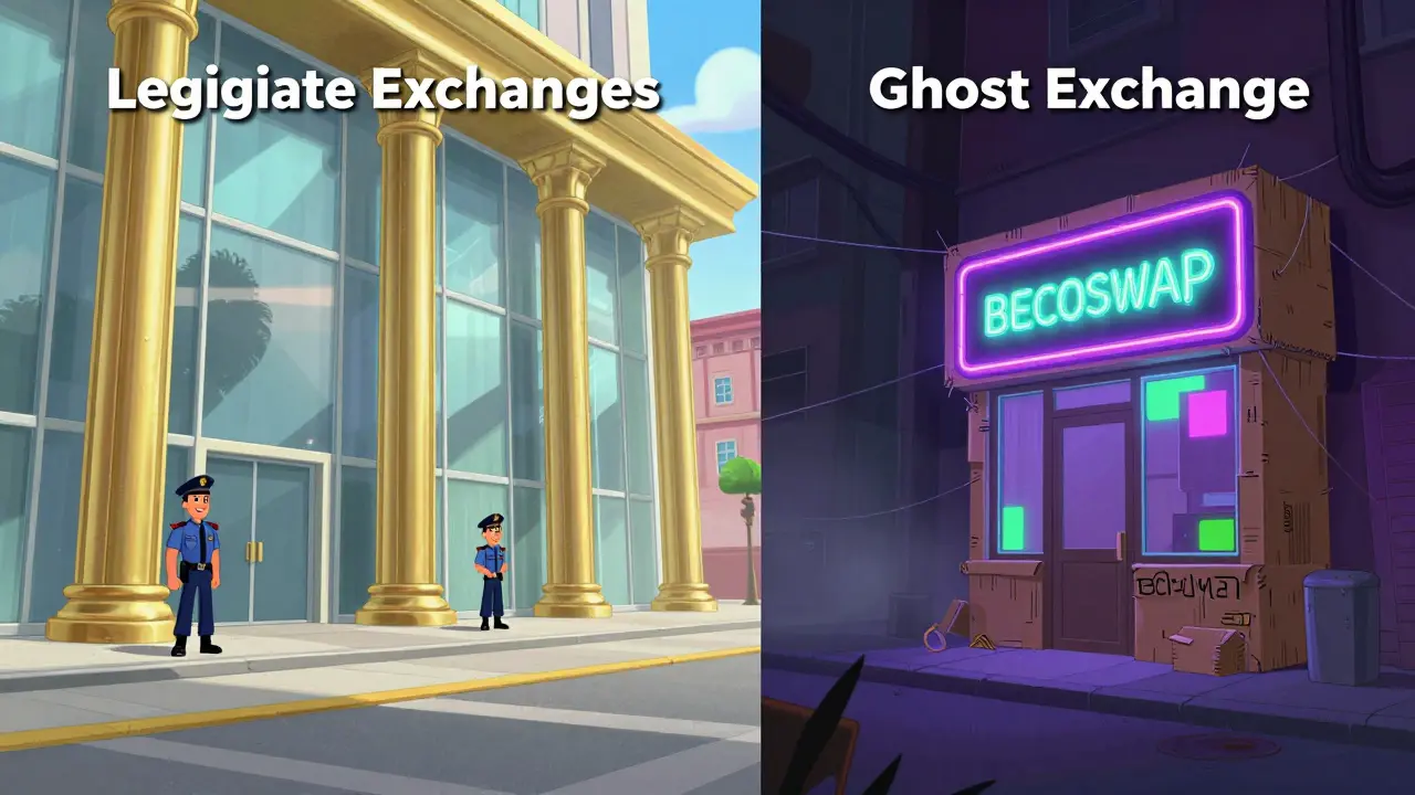 Contrast between a sturdy golden city of legitimate exchanges and a fake cardboard storefront.