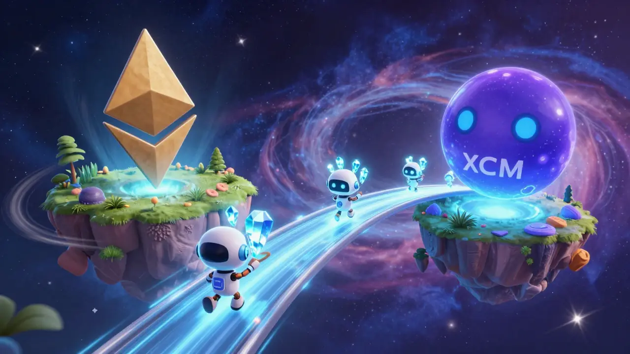 Digital bridge connecting Ethereum and Polkadot islands with robot couriers.