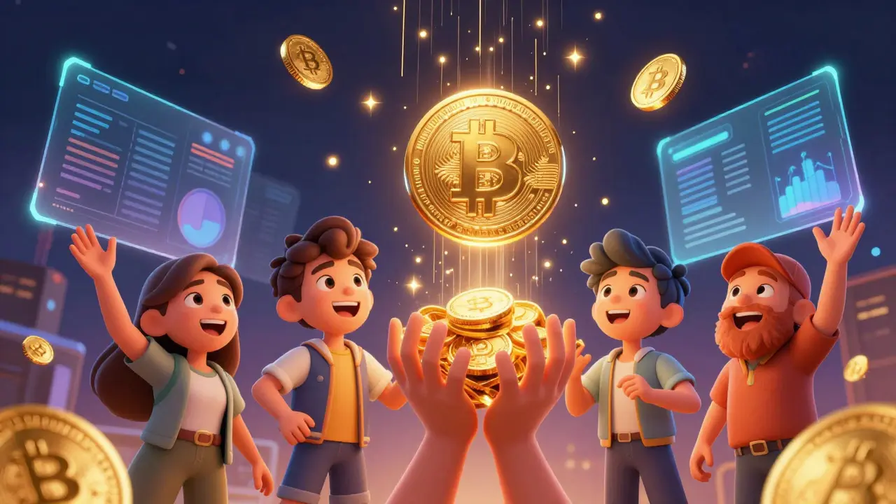 Expressive 3D characters joyfully catching glowing gold tokens falling from a digital sky.