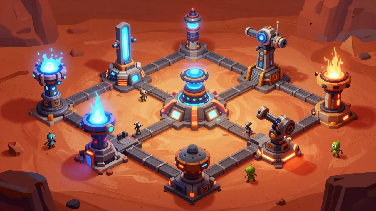 Futuristic defensive towers protecting a Martian base from small alien creatures in a 3D style.