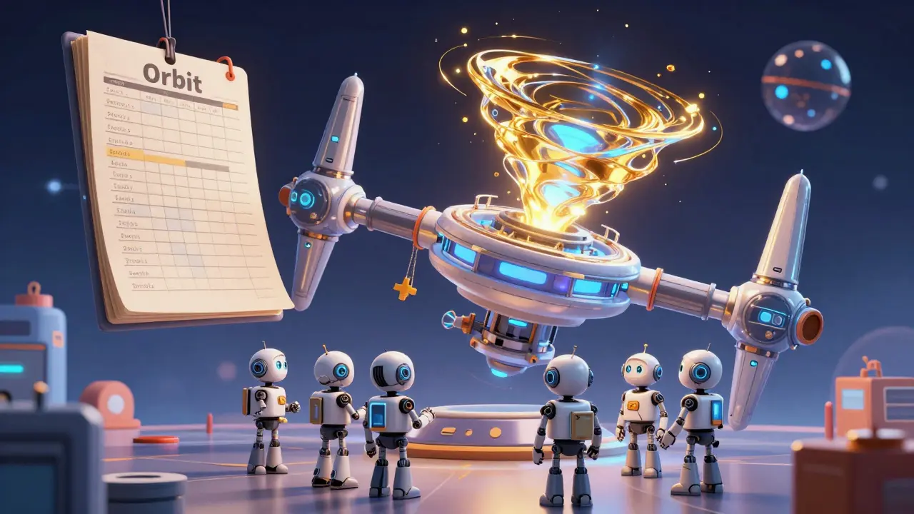 Futuristic Orbit space station combining order books and liquidity pools.