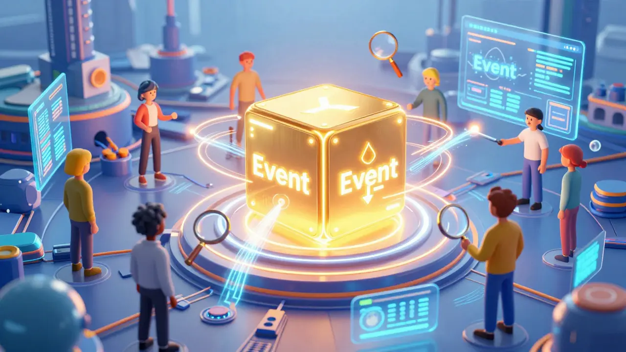 Holographic avatars interacting with a glowing smart contract cube emitting bright data pulses.