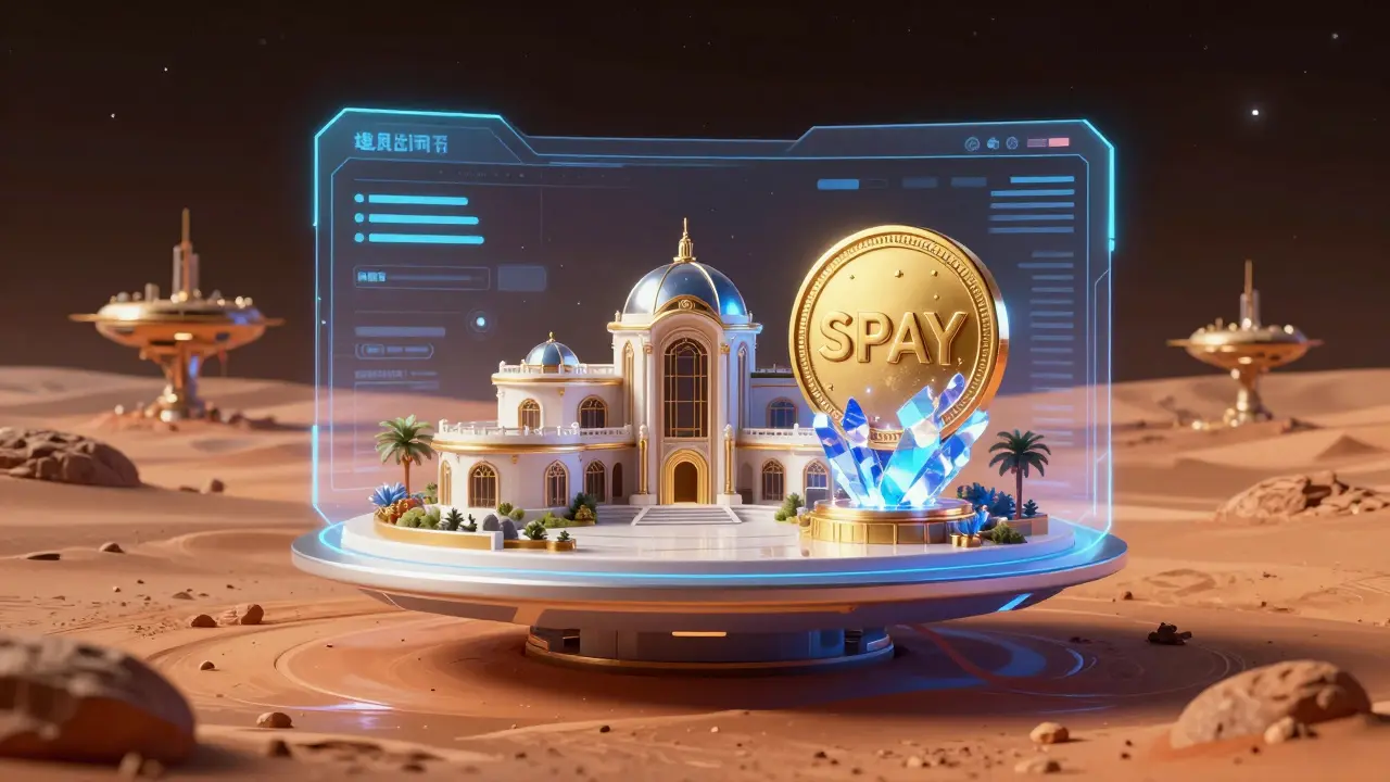 Holographic marketplace showing a Martian land parcel and a glowing SPAY token crystal.