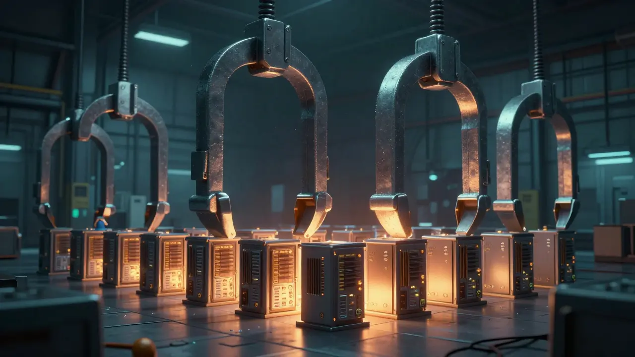 Large metallic clamps closing in on glowing computer mining hardware.