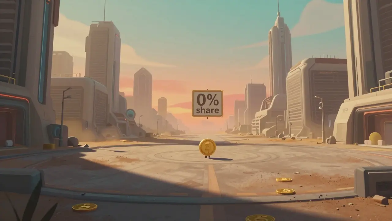 Lonely coin character in an empty, futuristic digital ghost town